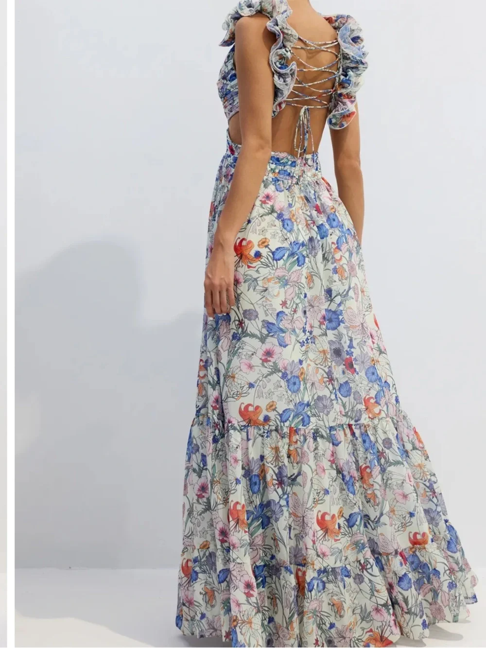 🆕 Marissa Cut-out Ruffle Floral Cutout Maxi Dress in White with Multicolor Print